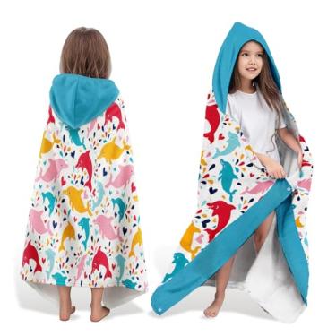 Imagem de Neapth Toalha de praia com capuz golfinho para meninos, 76 cm x 127 cm, gotas de água, toalha de banho para crianças, branco e azul claro, absorvente macio com capuz para 3 a 10 anos, roupão para