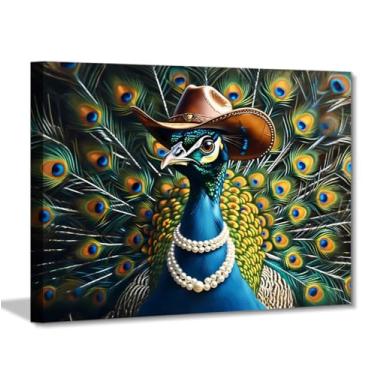 Imagem de Chapéu de caubói em tela pavão arte de parede azul-petróleo pavão decoração de parede pássaro colorido com colar de pérolas, impressão em tela, estilo caubói ocidental, arte anima, decoração de casa