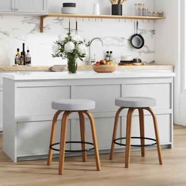 Imagem de GREHOME Conjunto de 2 bancos de bar giratórios, 61 cm de altura, banco estofado de tecido, pernas de madeira curvas resistentes, bancos de ilha modernos de meados do século para cozinha, sala de