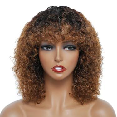 Imagem de Pecwu Peruca de cabelo humano encaracolado para mulheres negras, peruca bob cacheada com franja 30 cm, 200% de densidade, cabelo humano, sem cola, use and go, perucas curtas, encaracoladas crespas