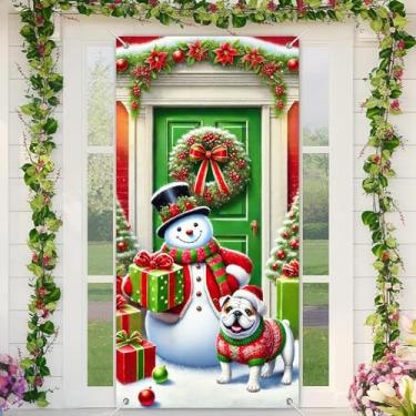 Imagem de BlissYard Decoração de porta de Natal, boneco de neve com chapéu preto, cachecol listrado vermelho, buldogue em suéter vermelho, grinalda, 89 x 189 cm, decoração de férias de inverno, alegria sazonal