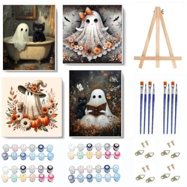 Imagem de VIGEGU Pacote com 4 kits de pintura fantasma por números para adultos com moldura, pintura de Halloween por número com cavalete de madeira, kits de pintura para adultos por números para decoração de