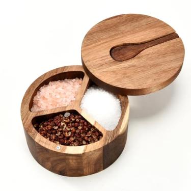 Imagem de JUSTEMI Caixa de sal e pimenta de madeira, 3 compartimentos, adega de sal e pimenta com tampa e colher, recipiente de temperos para bancada de cozinha