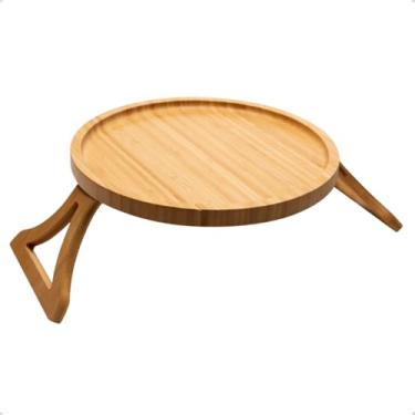 Imagem de Bandeja Redonda Dobrável de Braço de Sofá de Bambu Suporte Apoio para Copos 25cm