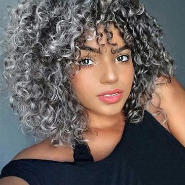 Imagem de rosmile Perucas encaracoladas para mulheres negras – Peruca de cabelo afro-americano sintético sintético com franja