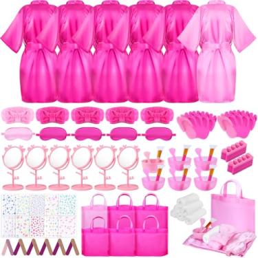 Imagem de Guifizeiom Artigos de festa de spa para meninas, 6 roupões de cetim para crianças, spa, aniversário, festa do pijama, kit de suprimentos (5 rosa 1 rosa)