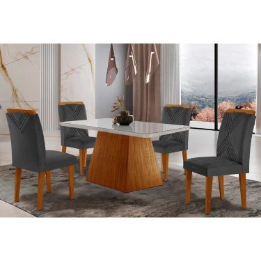 Imagem de Conjunto: Mesa de Cozinha Luna Tampo Madeirado c/ Vidro Canto Reto 120x80 e 4 Cadeiras Amsterdã Capuccino/Suede Grafite - Rufato