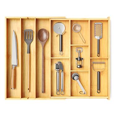 Imagem de SpaceAid Organizador de gaveta de utensílios de bambu com etiquetas, organizador de talheres de cozinha expansível para talheres, talheres, colheres e facas, organização de gaveta (natural)