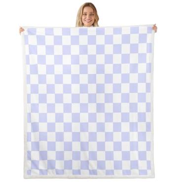 Imagem de Manfei Cobertor quadriculado azul e branco reversível geométrico xadrez felpudo, decoração de quarto de meninas, manta de lã quadriculada para cama, sofá, macio e respirável (101 x 127 cm)
