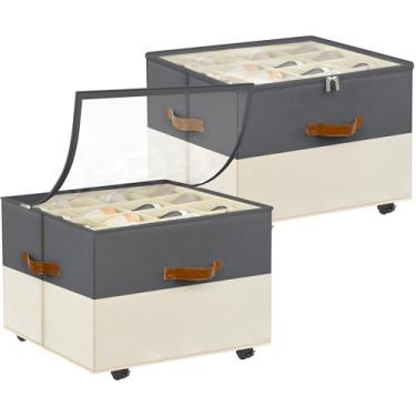 Imagem de Organizador de sapatos para armário, pacote com 2 organizadores de armazenamento de sapatos com rodas e divisórias ajustáveis, caixa empilhável de armazenamento de sapatos com capa transparente