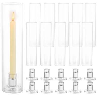 Imagem de 10 conjuntos de castiçais de vidro Hurricane, suportes de vela de fita cristalina, grandes castiçais com tampas de cilindro à prova de vento, para casamentos, festas, decoração de casa