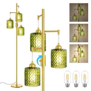 Imagem de Luminária de chão dourada para sala de estar, luminária vintage de vidro verde claro com 3 luzes, base de latão moderna de meados do século, lâmpadas de chão altas com design retrô de árvore