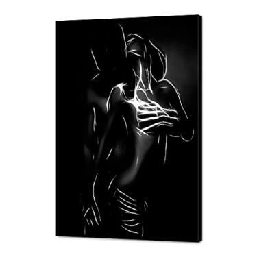 Imagem de Preto e branco sexy casal amante nude decoração de casa pintura de parede em tela para sala de estar quarto hotel bar, emoldurado 30,5 x 40,6 cm