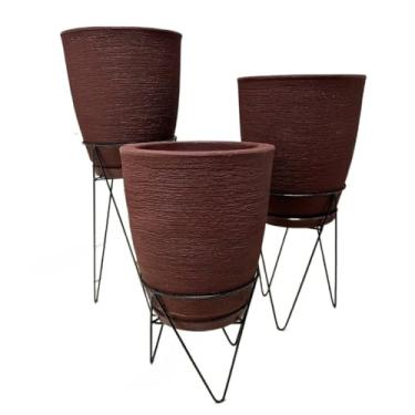 Imagem de Kit 3 Vasos Escovados Coluna Bojo Decorativos para Plantas, Flores de Jardim e Sala + Suporte Tripé de Ferro para Vasos, Plantas de Chão, Vaso de Planta e Flores(Marrom)