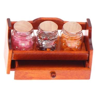 Imagem de KiBcsLic 1/12 escala potes de doces prateleira de armazenamento móveis fingir brincar modelo prateleira de madeira mini potes de casa de bonecas miniatura para, Marrom