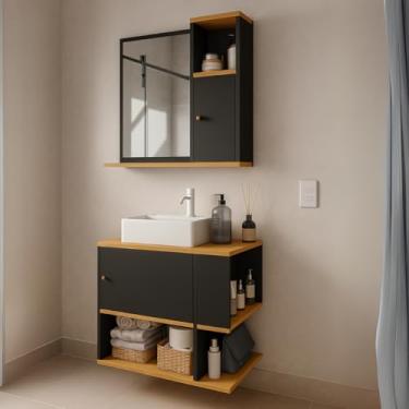 Imagem de Conjunto Kit Gabinete Armário Balcão Aéreo Suspenso Lavabo Pia Banheiro Compacto 1 Porta Nicho Organizador com Espelheira Suspensa Parede Bancada Prateleira Espelho 1 Porta Deca Aqua (Preto/Freijó)
