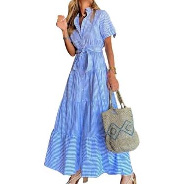 Imagem de Vestido Casual Solto Verão Elegante Casual Vestidos Femininos Para Mulheres Mostrar Figura Mistura De Algodão Único Breasted Stripe Camisa Vestido, Blue, S