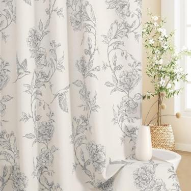 Imagem de MitoVilla Conjunto de cortina de chuveiro cinza Farmhouse, cortinas de chuveiro de algodão floral beija-flor Cottagecore para banheiro, decoração moderna de banheiro country, 183 cm L x 183 cm C