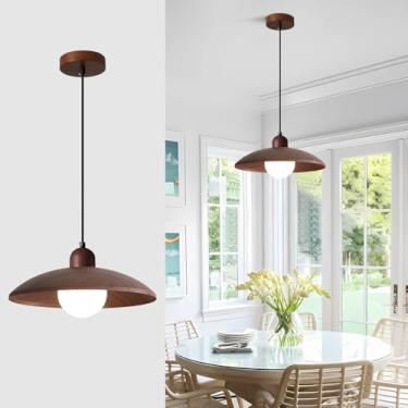 Imagem de Fulesi Luminária pendente moderna de nogueira de madeira com cúpula de madeira luminária ajustável para casa de fazenda rústica para cozinha, ilha, sala de jantar, escritório, corredor, hall de