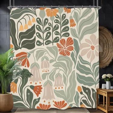 Imagem de Yookeb Cortina de banheiro retrô Matisse Flower 152 cm x 188 cm Funky Trendy Groovy Verde Sálvia Abstrato Minimalista Poliéster Tecido 12 Ganchos de Plástico Decoração Impermeável