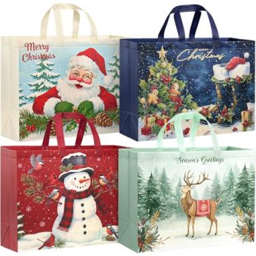 Imagem de YANGTE Pacote com 12 sacos de extragrandes com alças, sacos de Natal reutilizáveis não tecidos para embrulho de presentes de festa de Natal (42,4 cm x 32 cm x 17 cm)