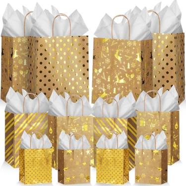 Imagem de Humyoun Pacote com 12 sacos de presente de Natal, tamanhos variados, sacos de papel para embrulhar 6 pequenos 16,5 cm, 6 médios 24,4 cm, 6 grandes 33 cm com papel de seda para aniversários, chás de