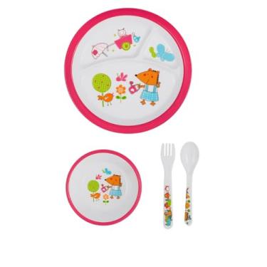 Imagem de Kit Refeição Infantil 4 Peças em Melamina – Prato com Divisórias + Bowl + Garfo + Colher | Rosa e Azul | Colorido, Resistente e Seguro (Rosa)