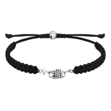 Imagem de Infinity Collection Pulseira de trompete para músicos – Cordão trançado preto ajustável com pingente de trompete de prata – Presente de joia para trompetistas, professores, bandas marciais e amantes