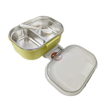 Imagem de Miriam Song Lancheira de aço inoxidável, 2 compartimentos de metal para alimentos com tampas, lancheiras reutilizáveis para lava-louças para piquenique de trabalho (amarelo verde)