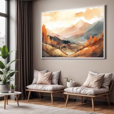 Imagem de Quadro com Moldura Sala Quarto Paisagem Montanhas Marrom e Bege Desenho Decorativo Horizontal Grande Hall