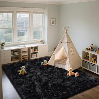 Imagem de Boshengya Tapetes macios e macios, pretos lisos, tapetes de pele felpuda de 1,2 x 1,8 m para quarto, sala de estar, tapete felpudo antiderrapante, decoração de casa, estética para quarto de crianças,