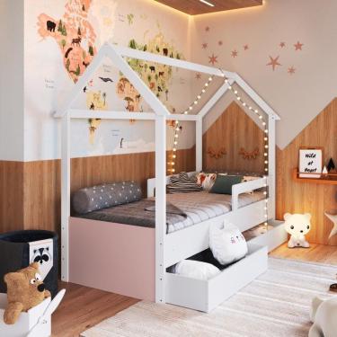 Imagem de Cama Infantil Montessoriana Casinha Solteiro Gavetas com Roda Branco com Rosa
