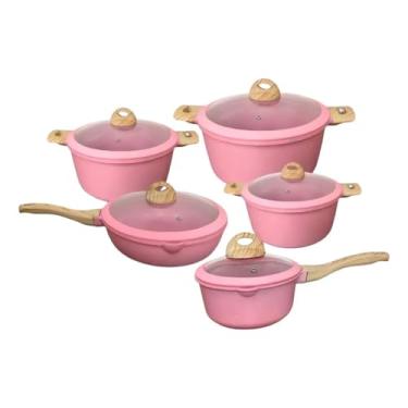 Imagem de Conjunto de Panelas Ceramica Antiaderente Jogo de 5 Peças Granito Serve Para Fogão Indução, Fogão a Gás - Cor Rosa
