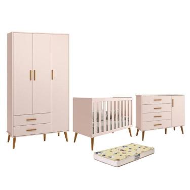 Imagem de Dormitório Infantil Isis Guarda Roupa 3 Portas, Cômoda 1 Porta e Berço Rosa com Colchão D18 - Reller Móveis