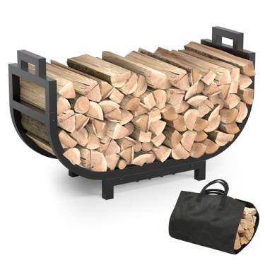 Imagem de GAVISCITY Rack de lenha de 86 cm para uso externo e interno com alça e bolsa de transporte, suporte de madeira de metal estável para lareira, pátio, deck, ferramenta organizadora de armazenamento de