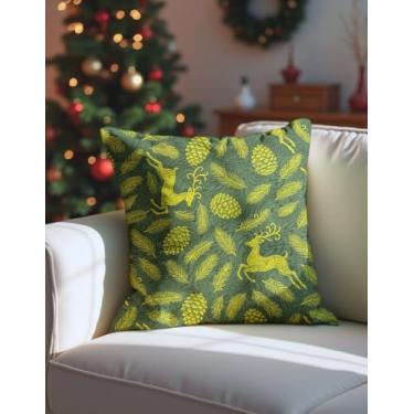 Imagem de Capa De Almofada Decorativa Natal Renas Verde 60x60 Festa Natalina Luxo