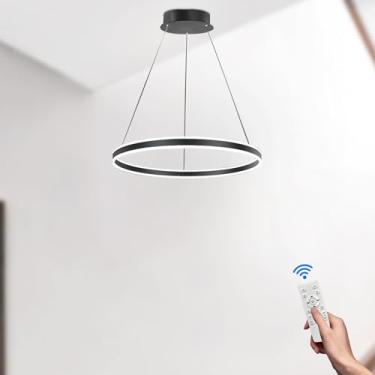 Imagem de Lustre redondo de LED com regulagem de intensidade, luminária pendente ajustável de teto em formato de anel preto com controle remoto, 3000K 6000K, luminária moderna para hall de entrada, sa