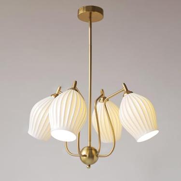 Imagem de Luminária pendente de cerâmica branca com 4 luzes, lustre moderno de teto semi-embutido, luminária pendente de cerâmica nervurada, lustres Sputnik para cozinha, sala de estar e sala de janta