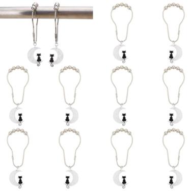 Imagem de WEBEEDY 12 peças, 2 estilos, ganchos de cortina de chuveiro de Halloween, gato preto, lua, ganchos para varões de chuveiro, anéis de aço inoxidável à prova de ferrugem para festa de Halloween