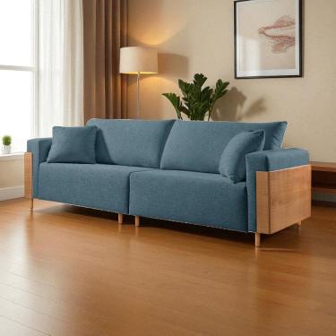 Imagem de Sofá Fixo Heitor 4 Lugares Luxo Pé de Madeira 2,60m Castellar Móbile Linho Azul