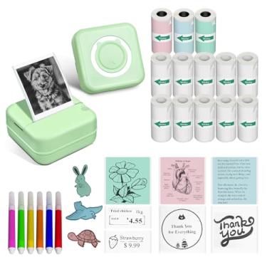 Imagem de Mini impressora – Máquina de fazer adesivos portáteis com 13 rolos de papéis térmicos autoadesivos, sem tinta, para estudo de anatomia, gráficos, fotos, endereços, verde