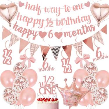 Imagem de Suprimentos de banner para decorações de meio aniversário - 28 peças ouro rosa feliz 1/2 ano banner de aniversário coração coroa balões flâmula glitter topo de bolo para bebê menina 6 meses decoração