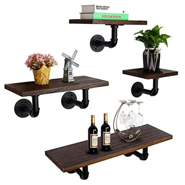 Imagem de Prateleiras flutuantes de armazenamento de madeira rústica montadas na parede, prateleiras de tubos de fazenda, decoração de parede para quarto, sala de estar, banheiro, cozinha, escritório