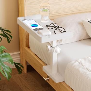 Imagem de Wealone Prateleira de cabeceira ajustável para cama, essencial para dormitório universitário, mesa lateral de bambu com poste de metal resistente, organizador de criado-mudo com clipe para faculdade
