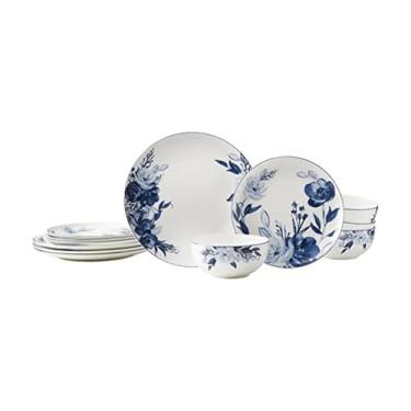 Imagem de Mikasa Darcy Bone China Conjunto de louça leve resistente a lascas de 12 peças, serviço para 4, azul e branco