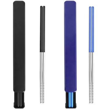 Imagem de Hashis portáteis SUS304 de aço inoxidável com estojo para escola, acampamento, viagem, caixa Bento, 22 cm de comprimento, alternativa à madeira (preto + azul)