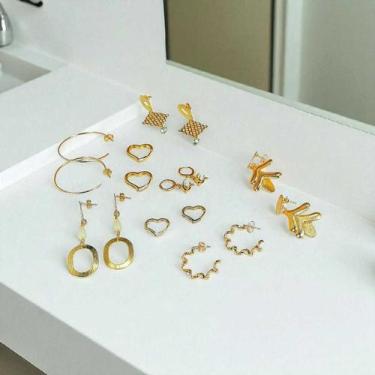Imagem de Brincos Femininos Dourados Kit 8 Pares Folheados Modelos Variados - DJ