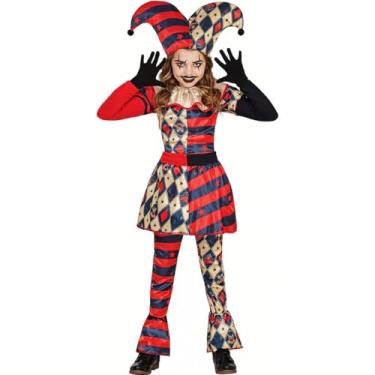Imagem de Fantasia Halloween Infantil pra Meninas Palhaça Arlequina Luxo com Chapeu Bobo da Corte (Creme e Vermelho, M 5-6)