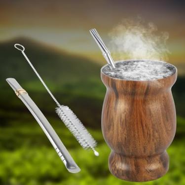 Imagem de Conjunto de xícara de chá mate de aço inoxidável de 227 g com pincel de palha, colher de palha, canudo plano e tampa, xícara de chá de erva mate, café, água, mate, xícara de erva-mate, para chá mate