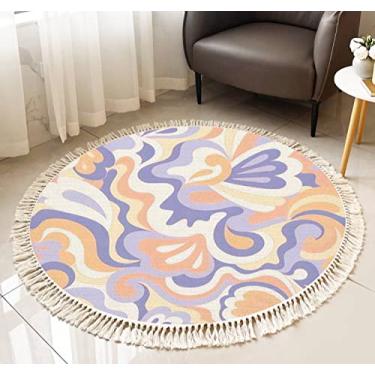 Imagem de Tapete redondo com franja, hippie, psicodélico, sem costura, nostálgico, retrô, anos 60, estampa descolada, vintage, boho, borla, tapete de linho, tecido à mão, tapete de corredor de pátio, decoração